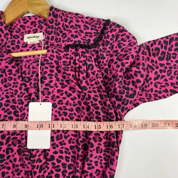 Zadig Voltaire Dress Womens XS Pink Mini Long Sleeve Cinch Leopard Print NEW - Picture 10 of 13